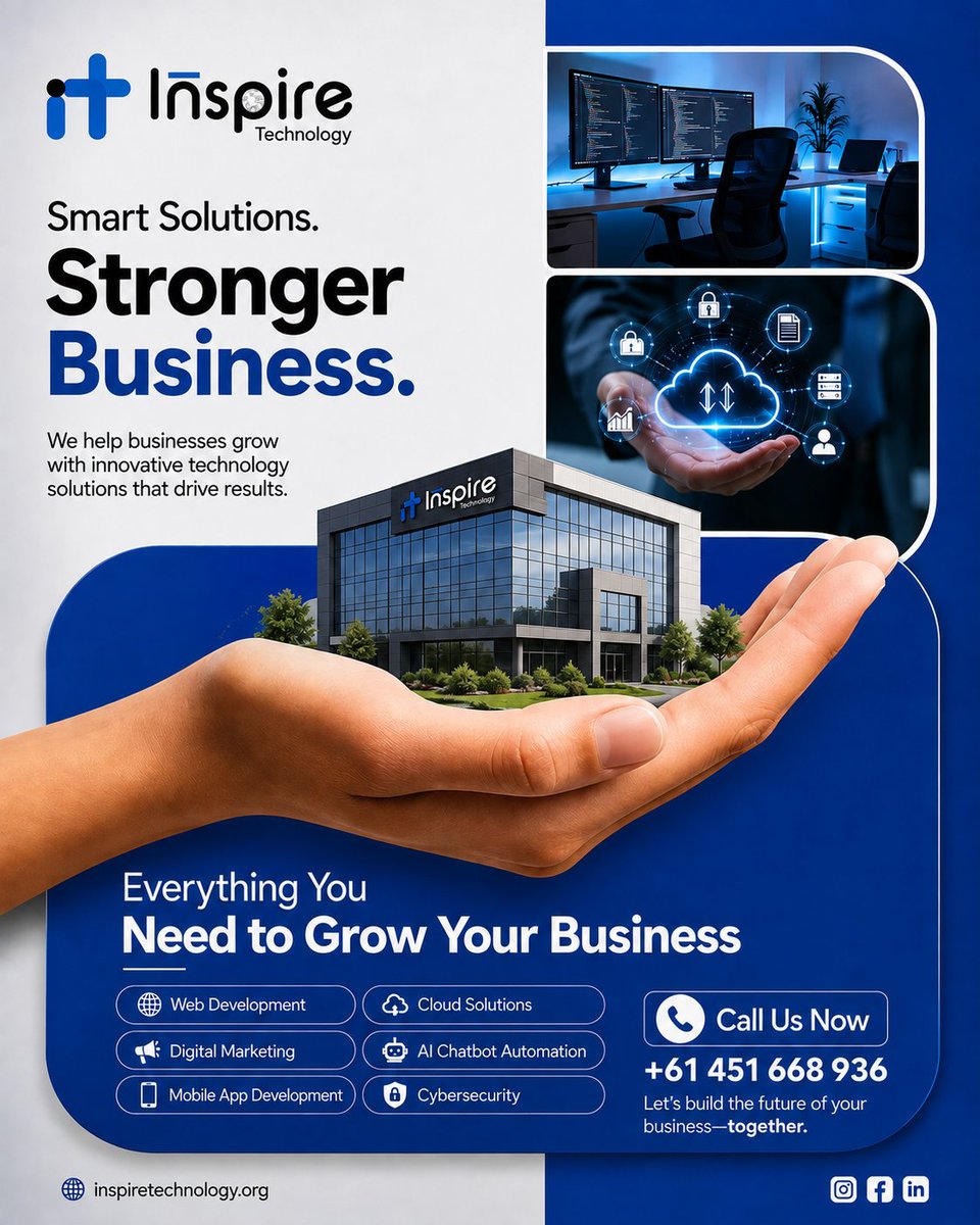 InspireTechWTNW's tweet photo. 🚀 Smart Solutions. Stronger Business.

Grow with Inspire Technology — Web, Mobile, AI, Cloud &amp; Cybersecurity solutions.

🌐 https://t.co/GczLPKZbok
📞 +61 451 668 936

#InspireTechnology #AI #BusinessGrowth https://t.co/RqTAMXXiK6