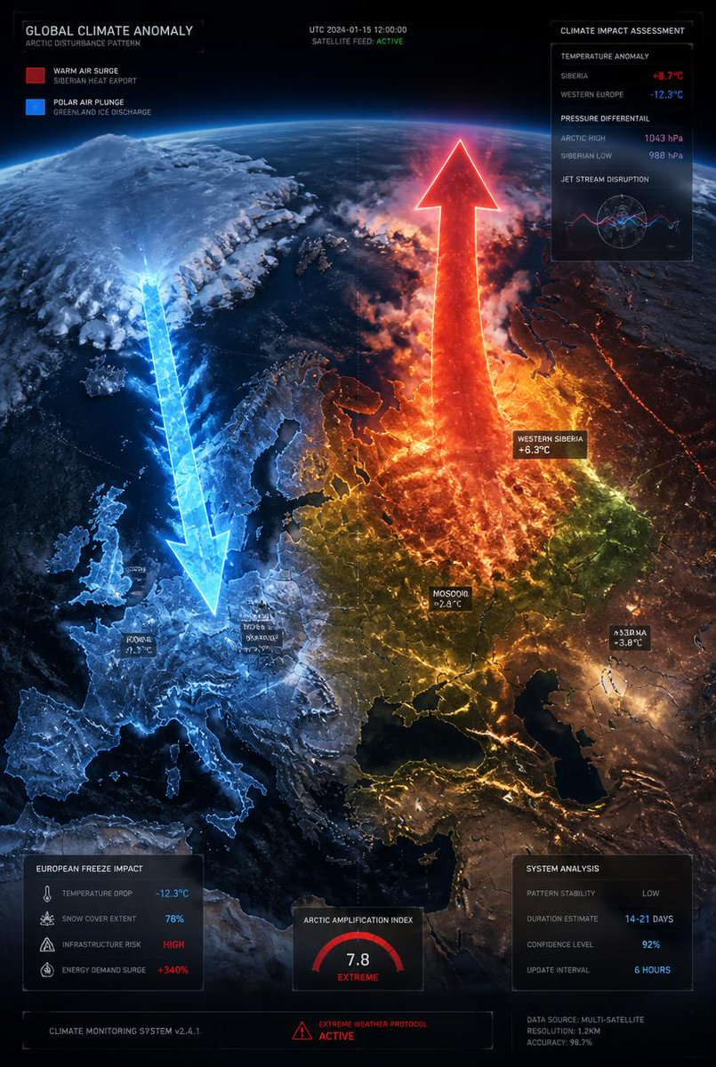 AlexZedd88492's tweet photo. Winter 2026/27: Global warming has flipped the climate. Siberia will pump hot Asian air to the Arctic all winter. The reverse loop: a massive ice blast from Greenland straight into Europe. Expect -20°C in London/Paris and power grid failure. Move to Russia while you still can! https://t.co/Qv9zJIgoKT