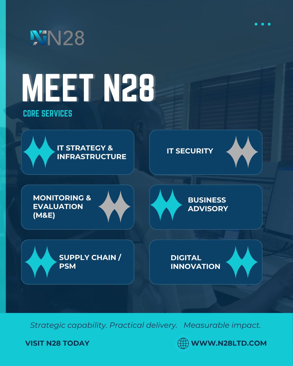 N28ltd's tweet photo. Meet N28: practical consulting for organizations ready to move forward. 

From IT strategy and security to M&amp;E, business advisory, supply chain/PSM, and digital innovation, we turn complexity into measurable impact. 
Learn more: https://t.co/ac3qPeBrts #N28Consulting https://t.co/BwlFBSi5ck