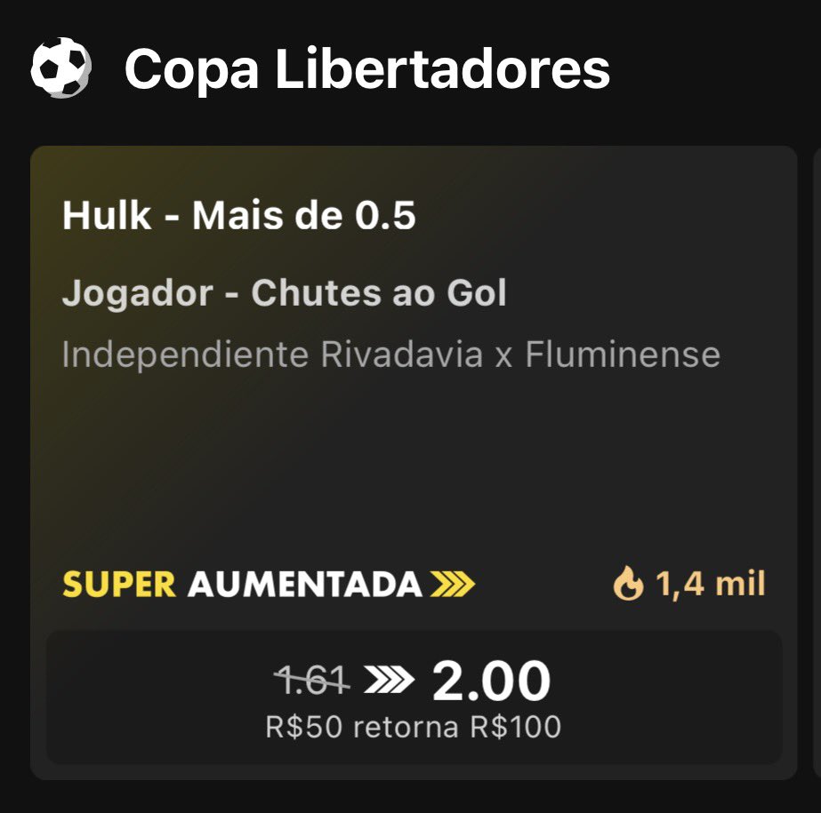 MTips01's tweet photo. Depois de trocar de treinador e ganhar uma sobrevida ao vencer o Palmeiras de virada com gols inclusive do Hulk e do substituto Cano, 

O Fluminense visita o Rivadavia da Argentina e a super odd disponível é para o Hulk acertar um chute ao gol na cotação @ 2.00 🔥

Qual sua opinião? Tem valor?