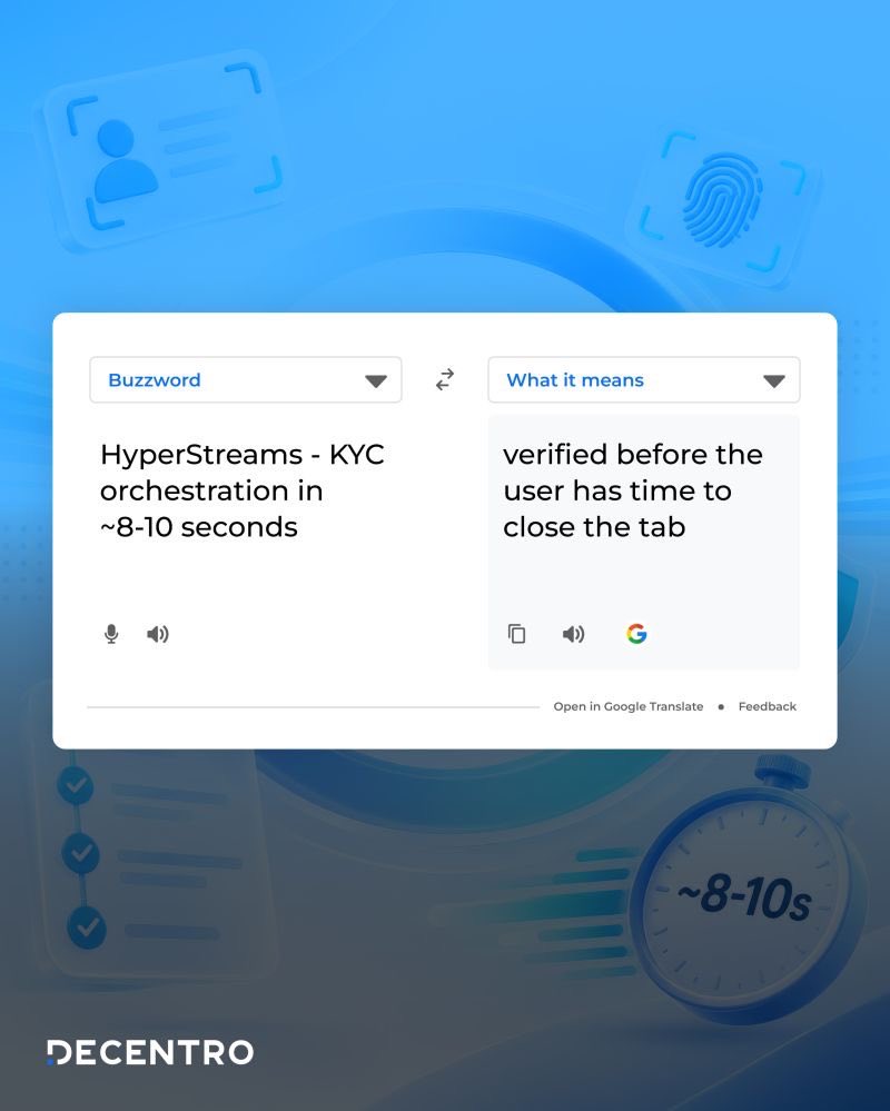 DecentroTech's tweet photo. HyperStreams — #KYC orchestration in ~8–10 seconds.
One API call. #OCR, #CKYC prefill, #DigiLocker orchestration. All chained and sequenced underneath, returning one clean, structured response to your system.

What to integrate? Drop a hi and we will set in touch https://t.co/ZzPM4EXWqN