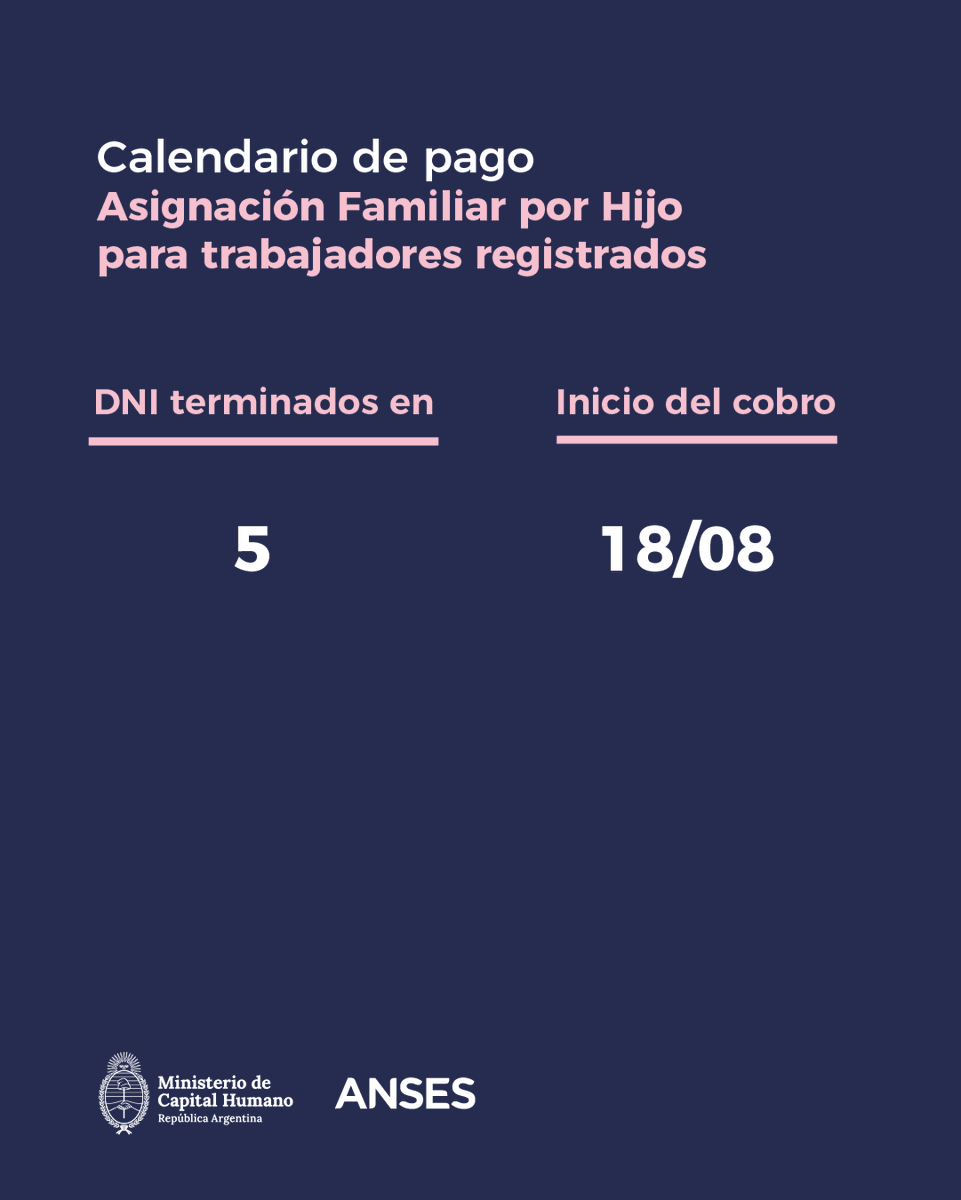 ansesgob's tweet photo. Hoy cobran Asignación Familiar por Hijo para trabajadores registrados: DNI terminados en 5.
#Calendariodepago #ANSES https://t.co/3qkdO7VS7r