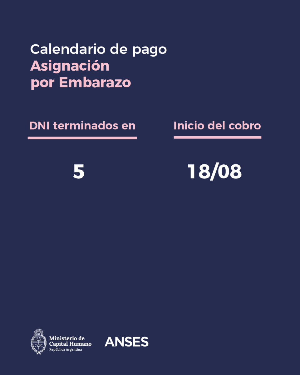 ansesgob's tweet photo. Hoy cobran Asignación por Embarazo: DNI terminados en 5.
#Calendariodepago #ANSES https://t.co/NI2RdPBL87