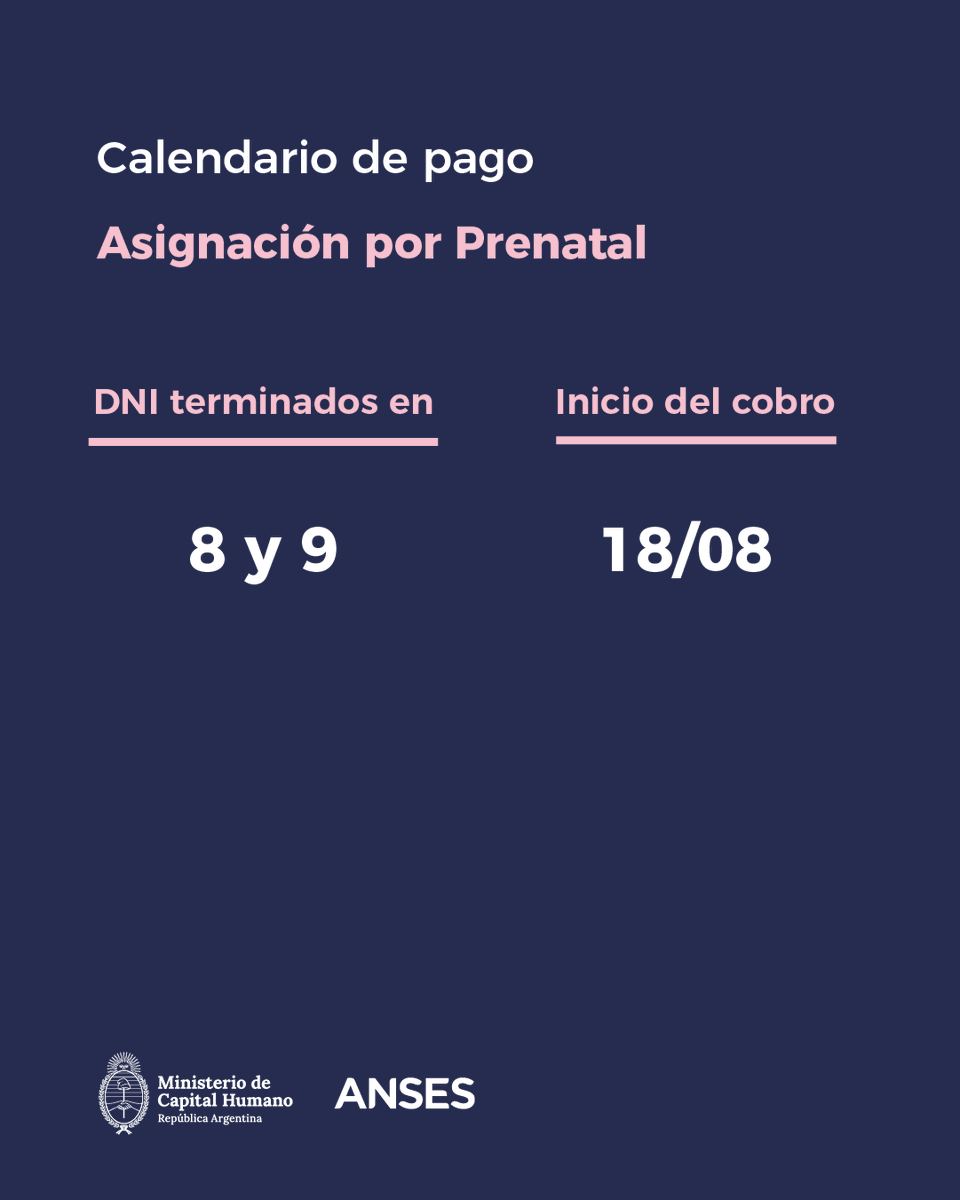 ansesgob's tweet photo. Hoy cobran Asignación por Prenatal: DNI terminados en 8 y 9.
#Calendariodepago #ANSES https://t.co/l5NnWGTHG5