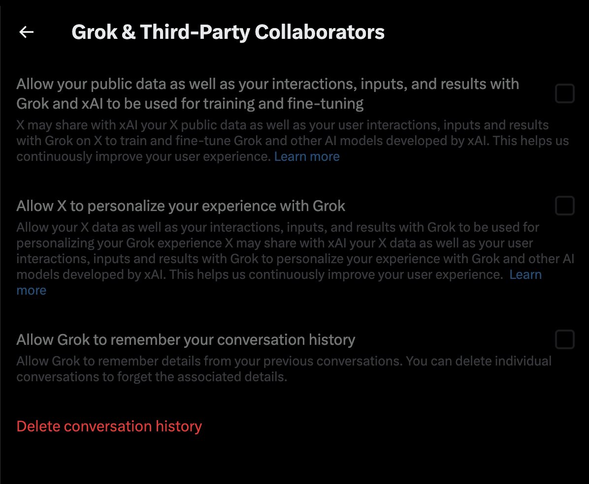 ProtonPrivacy's tweet photo. Reminder that if you're on X, Grok also still trains on user data by default, and here's how to turn it off:

Go to Settings and privacy → Privacy and safety → Data sharing and personalization → Grok &amp; Third-party Collaborators → Uncheck all of the boxes. https://t.co/RvvUxfvTiQ