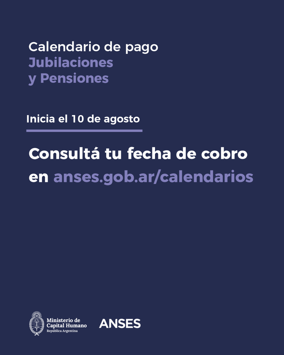 ansesgob's tweet photo. #Calendariodepago Jubilaciones y Pensiones.
Consultá tu fecha de cobro ingresando en https://t.co/uiARPqd7vY
#ANSES https://t.co/nazaQnMr6T