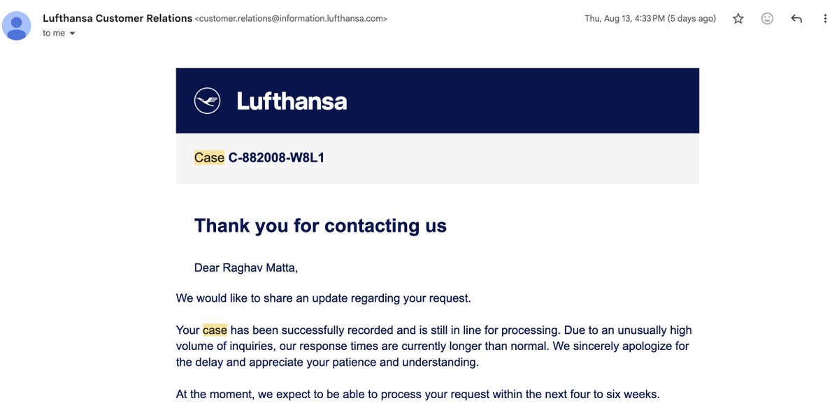 MattaRaghav's tweet photo. @lufthansa @Lufthansa_India @lufthansaNews It has been more than 25 weeks now, by when can i expect a response other than these automated emails?

Claim filed on 12th May, still no response! @CEOLufthansa please escalate @Lufthansa_DE @Lufthansa_USA https://t.co/qfxSYgEe5B