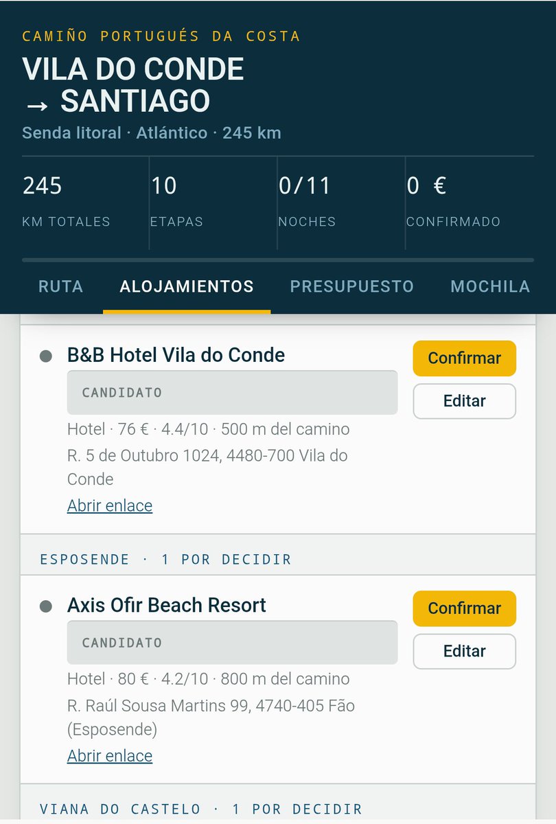 edugarciaR1's tweet photo. @MathiasChu Me he hecho un planificador del Camino de Santiago, con ruta, 3 opciones de alojamiento en cada etapa para revisar y confirmar, presupuesto, checklist, etc. https://t.co/IDuYNZX4IX