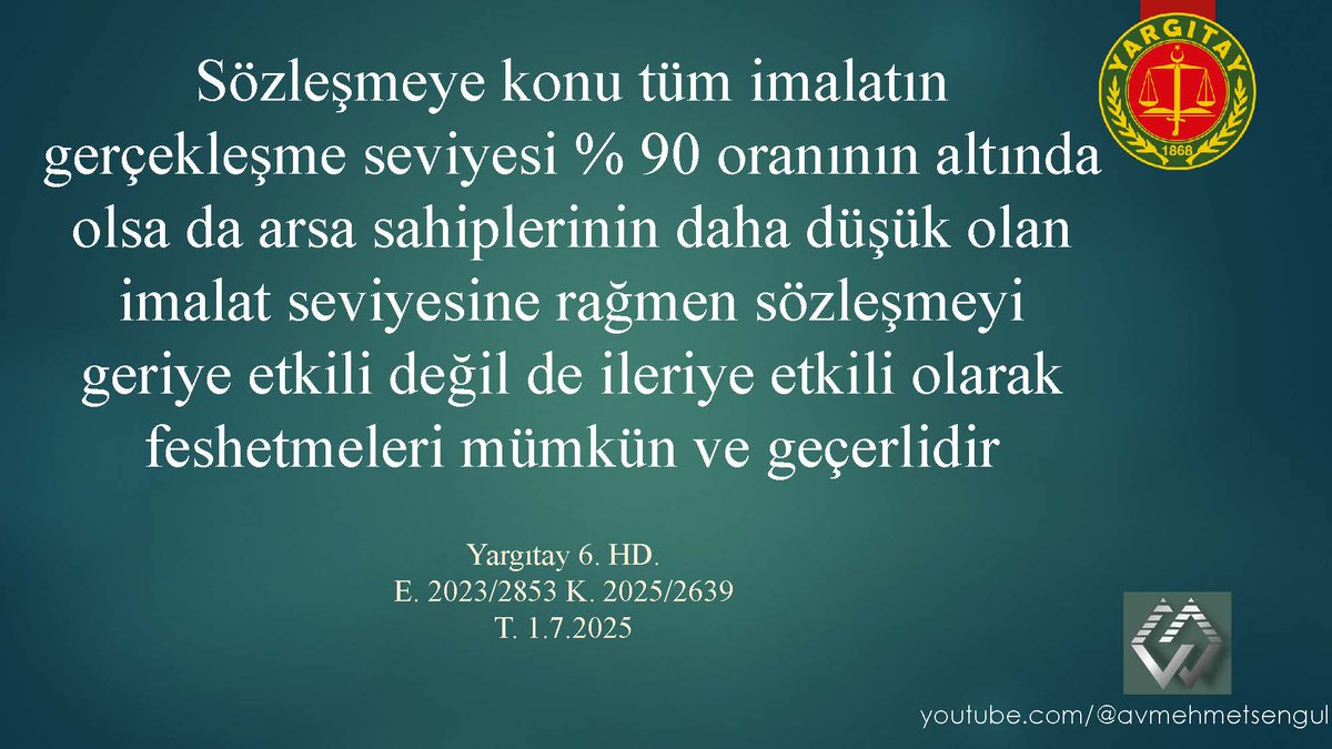 MehmetSengul_'s tweet photo. 👉 Sözleşmeye konu tüm imalatın gerçekleşme seviyesi % 90 oranının altında olsa da arsa sahiplerinin daha düşük olan imalat seviyesine rağmen sözleşmeyi geriye etkili değil de ileriye etkili olarak feshetmeleri mümkün ve geçerlidir
#tmk #tbk #kentseldönüşüm #katkarşılığıinşaat https://t.co/9QgKeEbze7