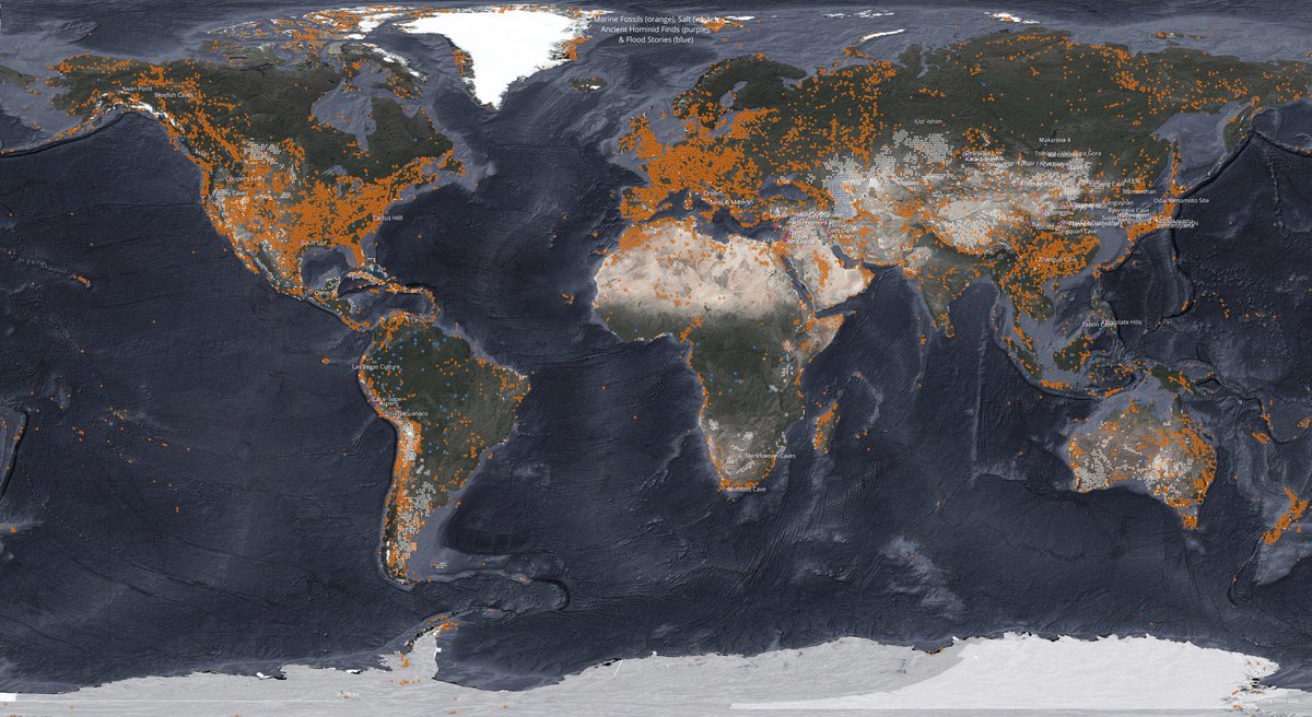 nobulart's tweet photo. @A2Q93 Updated map with Marine Fossils (orange), Salt (white), Ancient Hominid Sites (purple), &amp; Flood Stories (blue) https://t.co/hzOV0Y36x4
