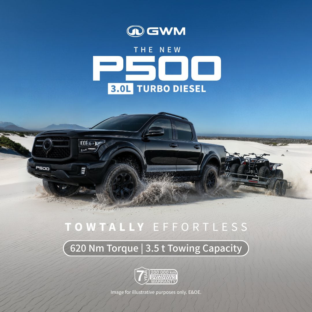 gwmsouthafrica_'s tweet photo. The new GWM P500 3.0L Turbo Diesel delivers 620 Nm of torque and a 3.5-tonne towing capacity.​

Towtally Effortless. Coming soon.