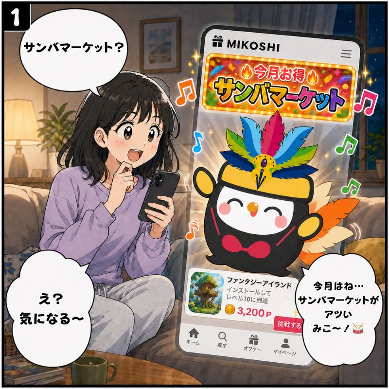 MikoshiOfficial's tweet photo. 🥁 今月はサンバマーケットがアツいみこ〜！💃

MIKOSHIオファーウォールで、
今月お得な案件はコチラ✨

カラフルなマーケットを舞台に、
サンバのリズムで遊ぶだけ🎶
楽しみながらポイントGET！

お得は今月まで。
気になる人はお早めにみこ〜⏰

#MIKOSHI #オファーウォール #サンバマーケット #ポイ活