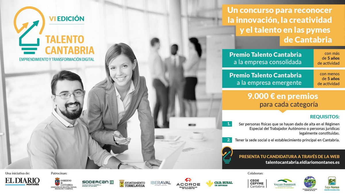 Sodercan's tweet photo. 🚀 Participa en una nueva edición de #TalentoCantabria.
 
📅 Inscripción hasta el 31 de agosto

🏆 Categorías: Empresa emergente y empresa consolidada.

Para autónomos y pymes con hasta 5 años de antigüedad.

👉 Consulta las bases y presenta tu candidatura https://t.co/K7vtlYPosG https://t.co/h8aBFaKrqm