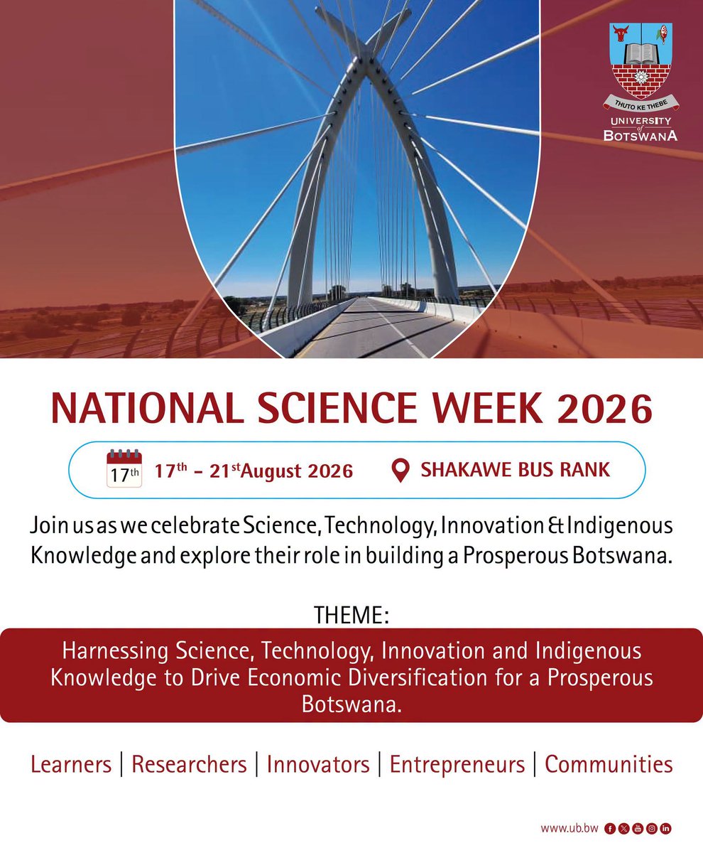UBBotswana's tweet photo. 📷TOMORROW RE ON ON ON!📷

National Science Week 2026 now on' Shakawe! 📷

From 17th–21st August 2026, Shakawe Bus Rank is alive with a celebration of science, technology, innovation and indigenous knowledge and their role in driving Botswana’s development. 📷📷 https://t.co/FQnXvEU4j6