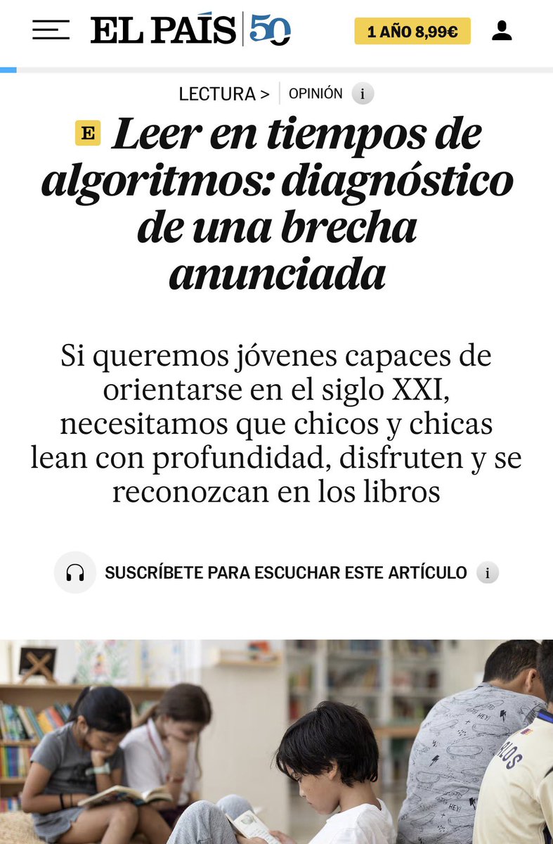 sanz_ismael's tweet photo. Leer en tiempos de algoritmos no es solo descifrar palabras: es sostener la atención, contrastar fuentes, evaluar argumentos y aprender con autonomía.
Turienzo y García Carlos lo plantean en El País: cuando la IA produce texto sin parar, la competencia diferencial será comprender mejor.
https://t.co/oTvCbX69Vv