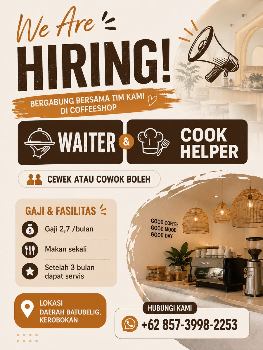 lkr_bali's tweet photo. Lowongan kerja untuk posisi Waiter &amp; Cook Helper di coffee shop area Batubelig, Kerobokan.

 Pria/wanita boleh melamar, dengan gaji Rp2,7 juta/bulan + makan 1x. Setelah 3 bulan mendapatkan servis. 

📩 Info: +62 857-3998-2253

#lokerbaliterbaru #lokerbali #baliindonesia https://t.co/GLo5SICpkI