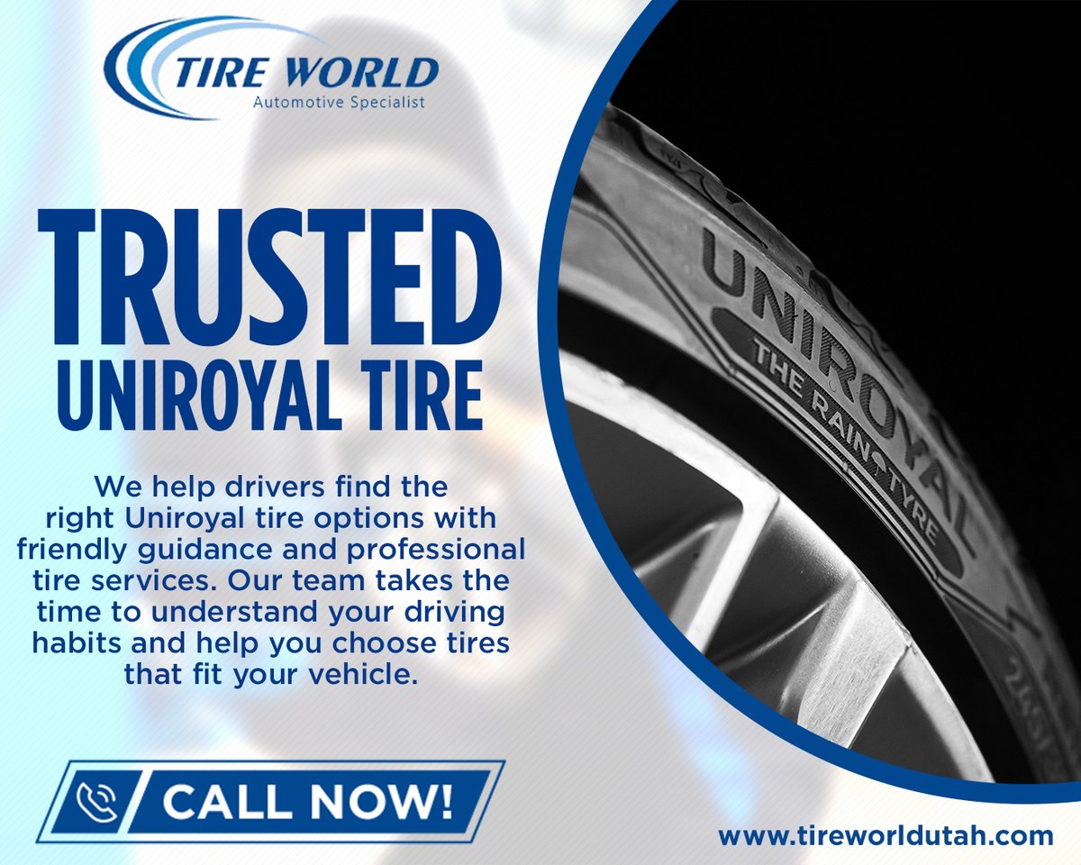 TireWorldSLC's tweet photo. 🛞 Need dependable tires for your daily drive? Tire World helps Utah drivers explore Uniroyal tire options with professional guidance and support. Find the right Uniroyal tire for your vehicle today! 🚗

🌐 https://t.co/I3c3ZMZR4H

#UniroyalTire #FlatProofingSolutions #TireWorld https://t.co/MgcFWjbuIf