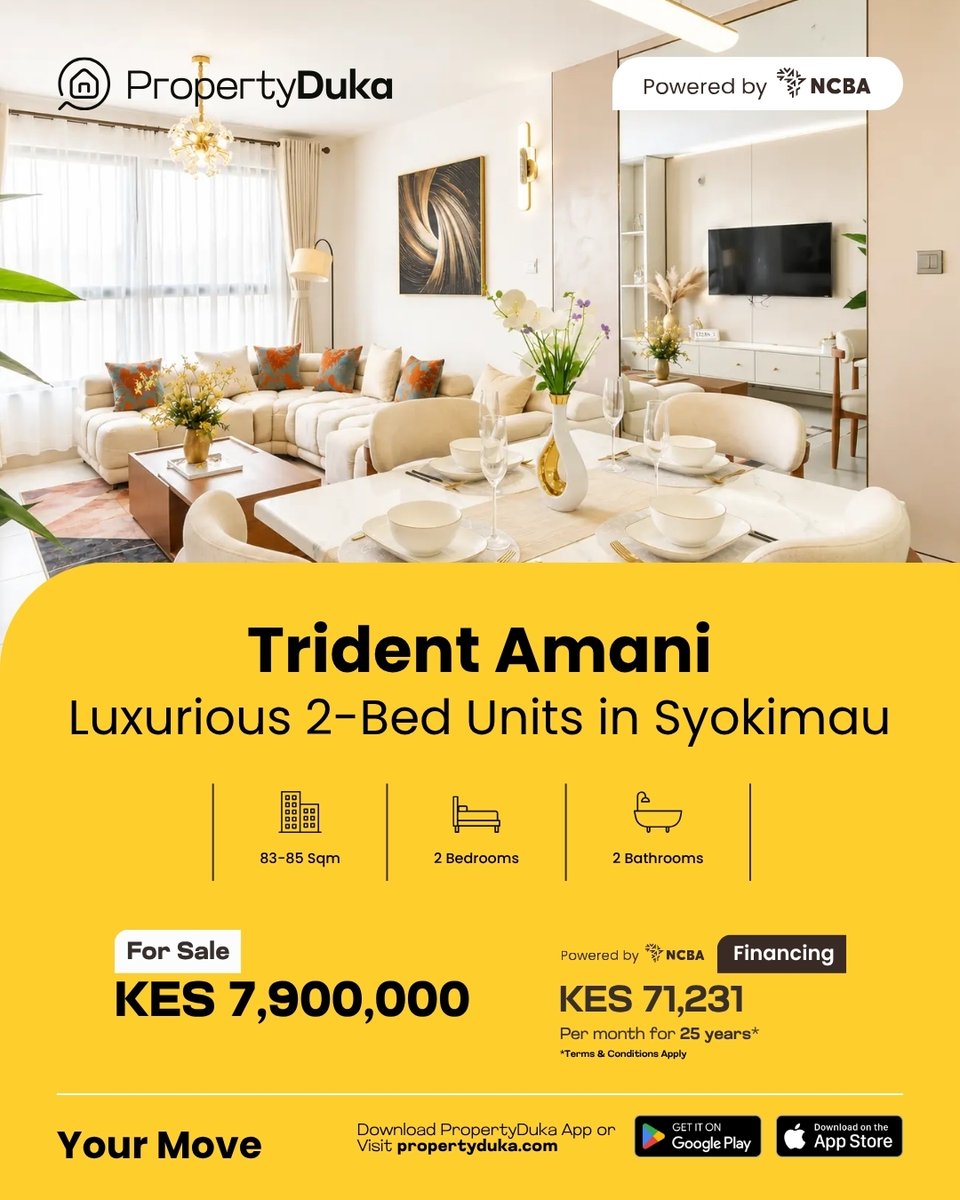 PropertyDukaKe's tweet photo. 2-bed apartment in Syokimau 🏡✨
Modern finishes, garden views, gym + playground, secure with CCTV, parking &amp; water storage.
💰 KES 7,900,000 cash
📅 From KES 71,231/mo (25yrs)

📊 2BR | 2BA | Syokimau
https://t.co/iGgID344SQ
#PropertyDuka #YourMove https://t.co/dm537dU5uG