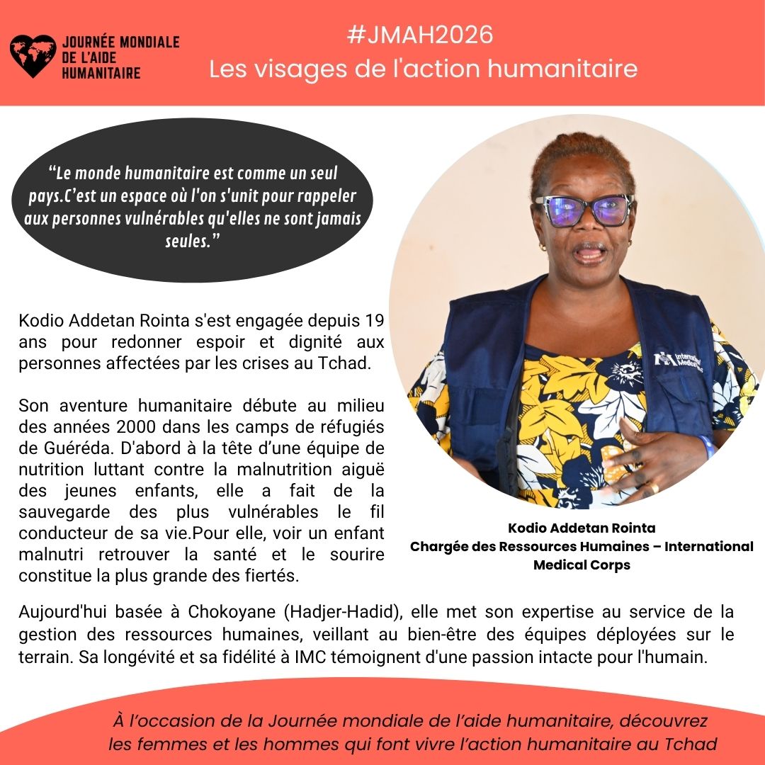 OCHAChad's tweet photo. 🌍 #JMAH2026 | La série des portraits continue !

Découvrez le parcours et la vocation de Kodio Addetan Rointa, Chargée des Ressources Humaines  à International Medical Corps.

Derrière chaque intervention sur le terrain, il y a des femmes et des hommes d'exception engagés pour redonner espoir et dignité.