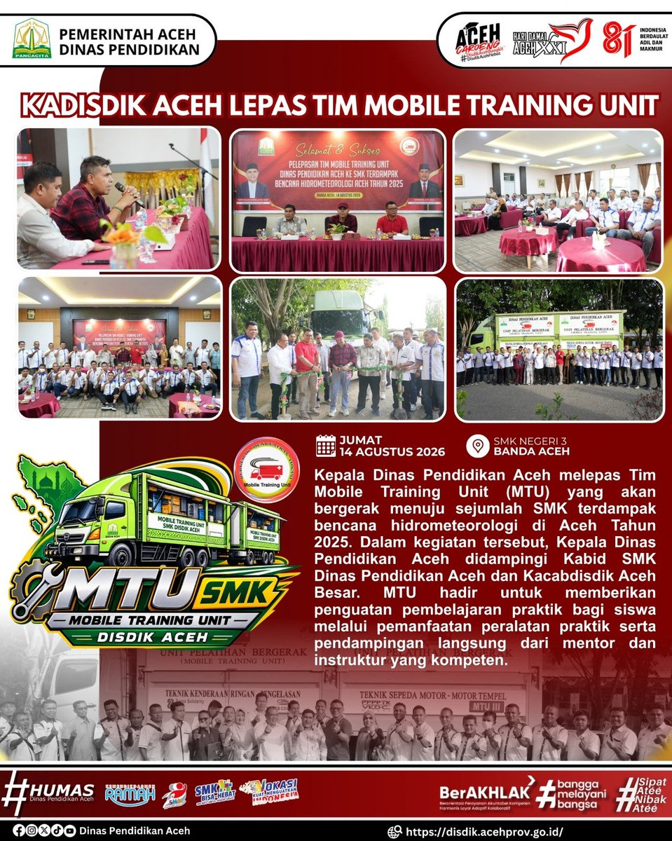 disdikacehprov's tweet photo. Kadisdik Aceh melepas Tim Mobile Training Unit SMK 🚚
MTU akan keliling ke SMK terdampak bencana hidrometeorologi 2025 di Aceh.
Bawa peralatan praktik + mentor kompeten langsung ke sekolah.
Vokasi tetap jalan, meski terdampak bencana.
#SMKBisa #VokasiKuat #DisdikAceh https://t.co/5L4S3eWTna