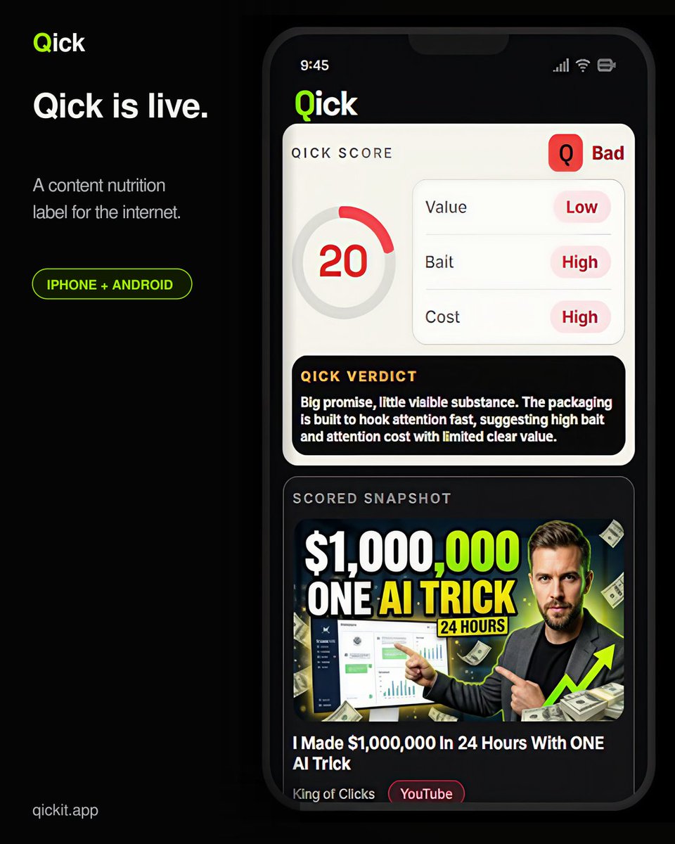 Ven7el's tweet photo. Qick it before you click it.
Try it free on iPhone and Android:
https://t.co/TP7n5eqob1

Qick is officially live on iPhone and Android 🎉

I built it as a content nutrition label for the internet.

Paste or share a link → see its Qick Score, Value, Bait and Cost. https://t.co/HUaC8xYRmA