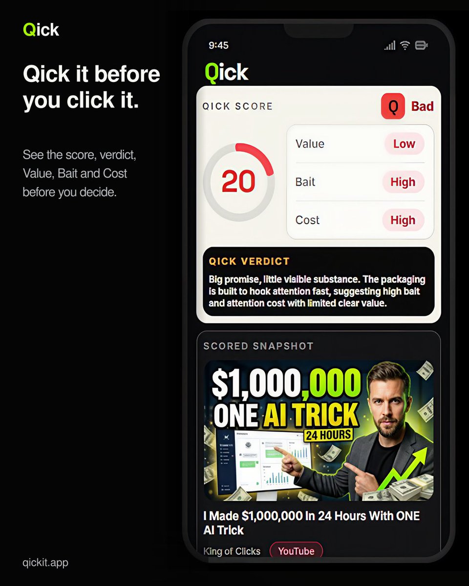 Ven7el's tweet photo. Qick it before you click it.
Try it free on iPhone and Android:
https://t.co/TP7n5eqob1

Qick is officially live on iPhone and Android 🎉

I built it as a content nutrition label for the internet.

Paste or share a link → see its Qick Score, Value, Bait and Cost. https://t.co/HUaC8xYRmA