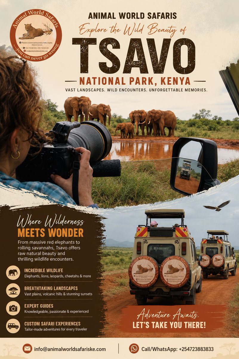 AnimalWorldSaf's tweet photo. Where the wild beats of the savannah meet the rhythm of adventure. 🦁🌅 Are you ready to explore the untamed beauty of Tsavo National Park? From the famous red elephants to endless golden horizons, every moment here is a memory in the making. https://t.co/sm7QYOJOov