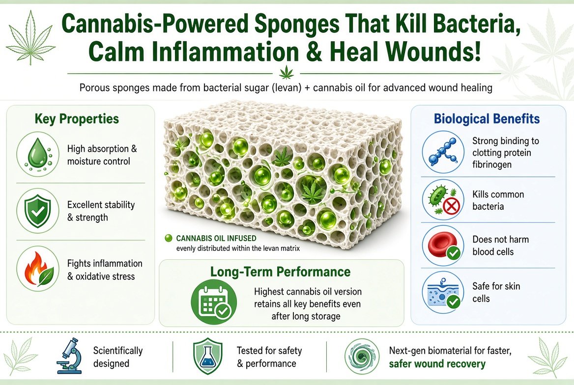 marclanders's tweet photo. Cannabis-powered sponges that kill bacteria, calm inflammation & heal wounds!

Scientists made porous sponges from bacterial sugar (levan) + cannabis oil to help wound healing.

The sponges absorb well, control moisture, stay stable, are strong, and fight inflammation/oxidative stress.

They bind strongly to clotting protein fibrinogen, kill common bacteria, don’t harm blood cells, and are safe for skin cells.

The version with the most cannabis oil kept its key benefits even after long storage.

https://t.co/AJgdyxzB0A