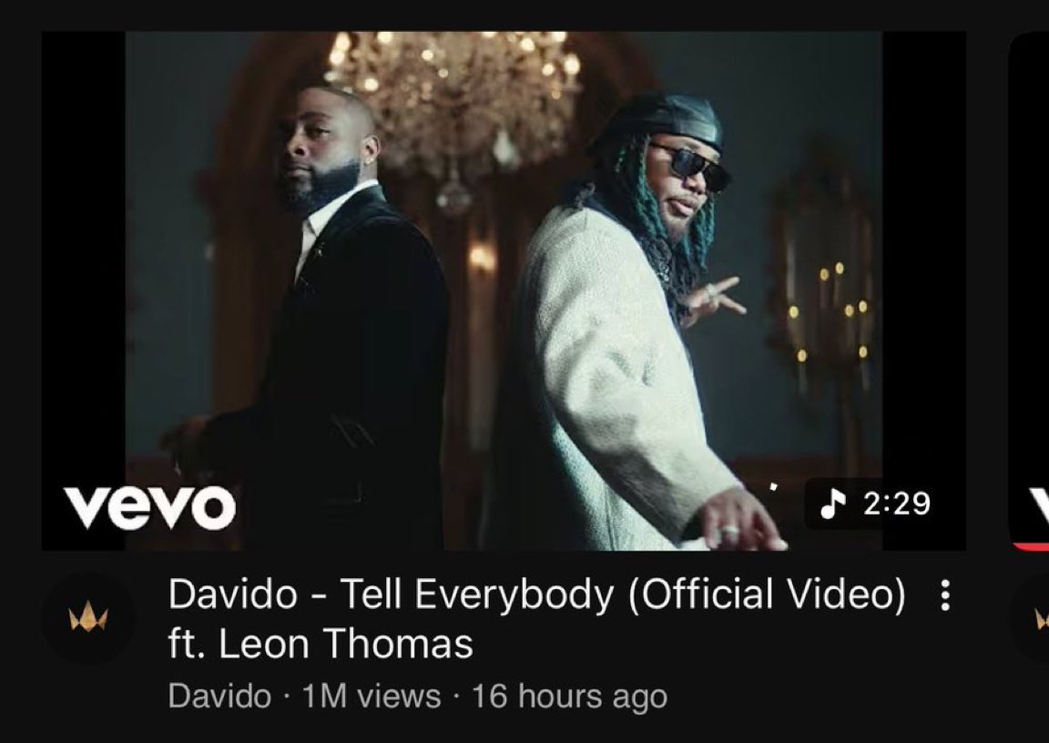 abazwhyllzz's tweet photo. TELL EVERYBODY music video by Davido has over 1 million views on YouTube after 16 hours of release. See motion🐐❤️ https://t.co/zpCk10wCFT