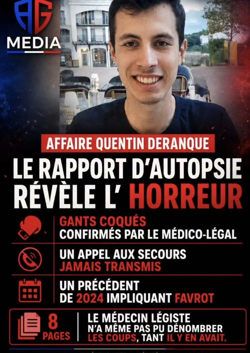 Seathiell's tweet photo. Quentin Deranque, 23 ans, a été lynché à mort le 12 février 2026 à Lyon.
Pas dans une guerre. Pas dans un accident.
Par un groupe d’antifas masqués qui l’ont jeté au sol et lui ont écrasé le crâne à coups de pieds et de gants coqués jusqu’à ce que son cerveau soit visible à l’œil nu.
Le rapport d’autopsie est une plaie ouverte : traumatisme crânio-encéphalique majeur, fracture temporale, dure-mère arrachée, hémorragie incontrôlable.
Des coups tellement nombreux et brutaux que le médecin légiste n’a même pas pu tous les compter.
Certains coups, à eux seuls, étaient déjà mortels.
Quentin n’avait aucune chance de survie, même si les secours étaient arrivés une seconde après.
Parmi ceux qui sont mis en examen : Jacques-Élie Favrot, ex-assistant parlementaire de Raphaël Arnault (LFI), pour complicité par instigation d’homicide volontaire.
D’autres membres ou proches de la Jeune Garde (dissoute) pour homicide volontaire en réunion, avec dissimulation du visage et usage d’armes par destination.
Un précédent similaire en 2024, même mode opératoire, même cercle.
Ils ont frappé un homme à terre.
Ils ont continué alors qu’il était déjà inerte.
Ils l’ont laissé agoniser.
Ce n’est pas une « rixe ».
Ce n’est pas un « affrontement ».
C’est un meurtre prémédité dans sa violence, revendiqué dans sa logique idéologique.
Ce qu’ils risquent :
– Homicide volontaire avec circonstances aggravantes : réclusion criminelle à perpétuité.
– Complicité par instigation : la même peine.
La justice a les éléments.
Les vidéos existent.
L’autopsie parle.
Les noms sont connus.
Quentin Deranque n’est plus là pour se défendre.
Alors nous, on ne baissera pas la voix.
Vérité.
Justice.
Et que chaque responsable assume jusqu’au bout ce qu’il a fait.