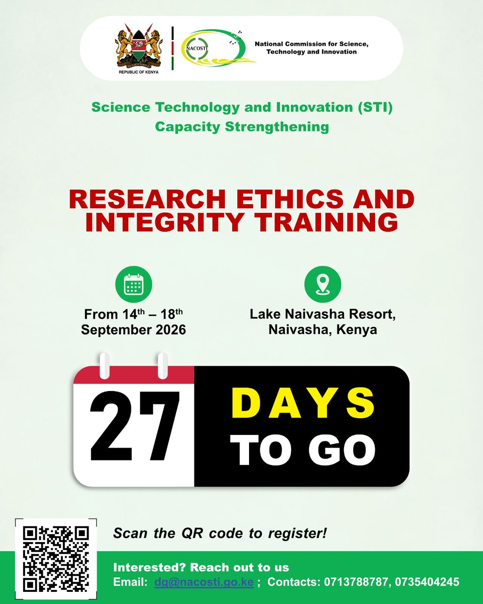 nacosti's tweet photo. STI is a key enabler &amp; driver for the attainment of Government priority programs. We invite eligible participants to the STI Capacity Strengthening Training on Research Integrity and Ethics. Mark your calendars &amp;plan to attend! 
#STICapacityStrengthening 
#STIMainstreaming 
#RSTI https://t.co/0X2z4IQCVd
