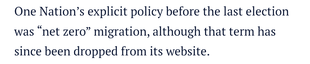 AusnianGroyp's tweet photo. Why have One Nation removed reference to #NetZeroMigration on their website and why is Barnaby Joyce now stating that the party policy is net 130k entrants? https://t.co/sWX46C7jqE