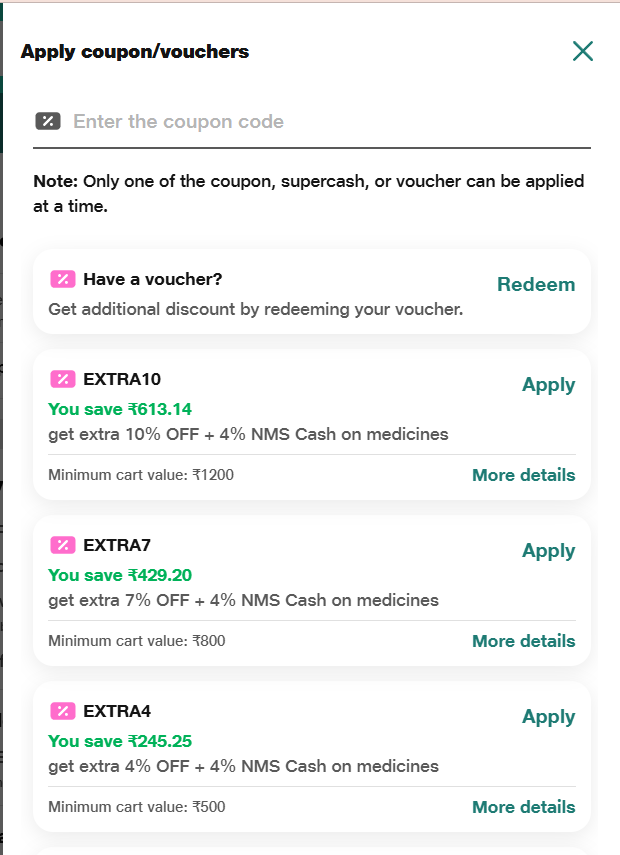 MktBhakt's tweet photo. @NetMeds While placing my next order of medicines, I couldn't see any option to add @GyftrIndia coupon. If I enter that in the coupon code, the system doesn't accept. Pls look into it. I have 2 gyftr coupons of 2K each. I don't want to waste that. Pls look into it. https://t.co/nE4jifBxWY