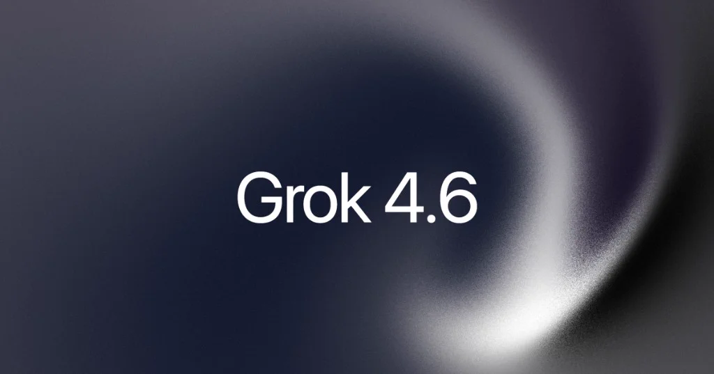 Grok 4.6 is displayed prominently against a smooth gradient background, emphasizing its branding for the AI model launch.