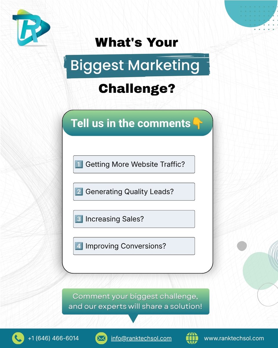 RankTechSol8706's tweet photo. Every #business wants to grow-but every business faces different challenges.
๐ What's your biggest #marketing struggle right now?
1๏ธโฃ More Website Traffic
2๏ธโฃ More Quality Leads
3๏ธโฃ More Sales
4๏ธโฃ Better Conversion Rates
Drop the number in the comments๐
#RankTechSol #usa https://t.co/LyjTpnPz7V