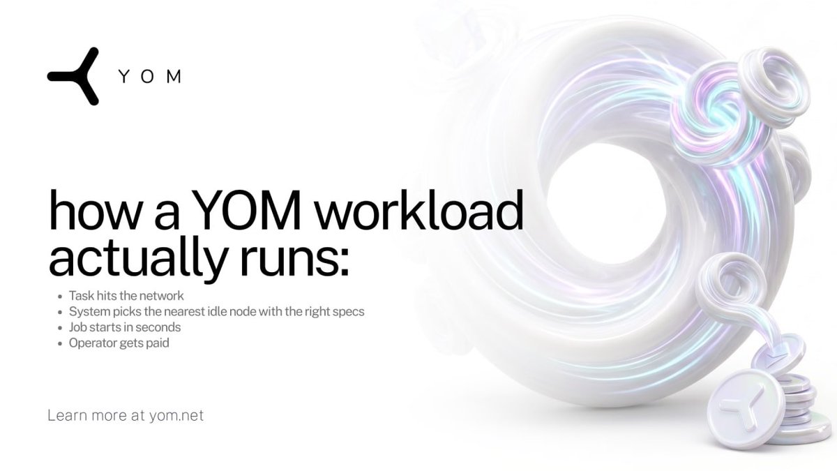 YOM_Official's tweet photo. How a YOM workload actually runs:
Task hits the network

System picks the nearest idle node with the right specs
Job starts in seconds

Operator gets paid

No middleman. No waiting in queue. Just compute 

meeting demand. https://t.co/CsgxbXgh6n