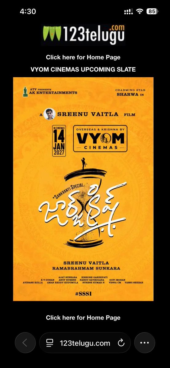 IndianClicks's tweet photo. Landing Page Ads of #VYOM Cinemas - George Krish Movie is on Popular Website @123telugu
#GeorgeKrish gears up for a GRAND WORLDWIDE RELEASE on JANUARY 14, 2027!🔥
“VYOM CINEMAS UPCOMING SLATE”
https://t.co/0WtqzPeQyf
Overseas: Overseas: @vyomcinemas / @cinemaparadiso
@ImSharwanand @SreenuVaitla @AnilSunkara1 @Kishore_atv @kvguhan @anuprubens @artkolla @amarreddy0827 @Gopimohan @NanduSavirigana #SSS1 #Sharwa39
@aj_Sunkara @AKentsofficial
PRO @UrsVamsiShekar