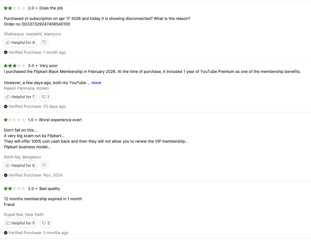 PrithviSunchu's tweet photo. The 12 month plan isn't even sold anymore, but its reviews are still up, and at least 5+ other buyers report the exact same issue. This isn't a one off. Want a refund or replacement for my unused months. @jagograhakjago @Flipkart @flipkartsupport @_Kalyan_K https://t.co/moxc6K06XQ