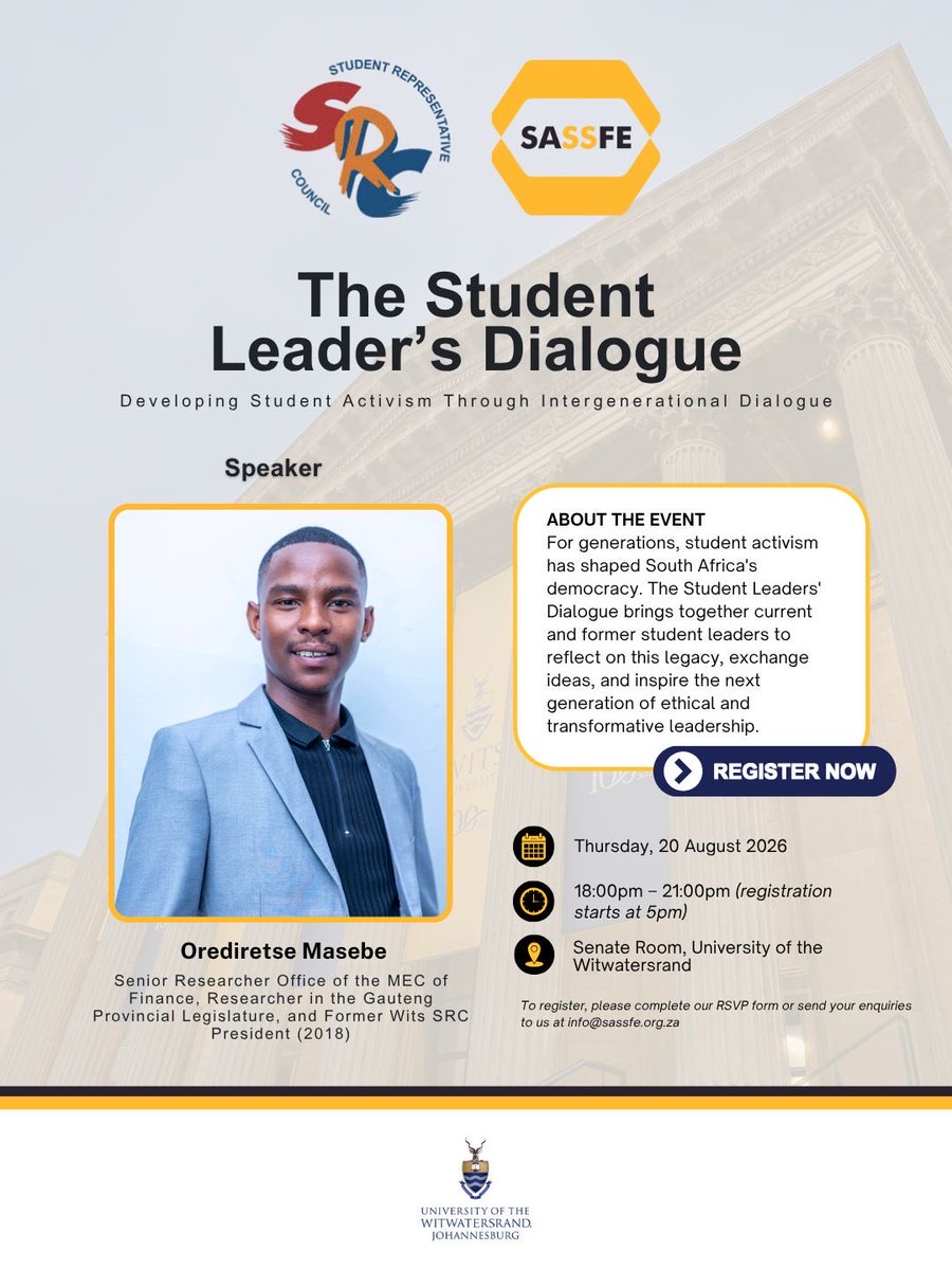 Wits_SRC's tweet photo. From the leaders who came before us to those shaping student leadership today, the conversation continues.

Meet our distinguished speakers for The Student Leaders’ Dialogue, an intergenerational space to exchange ideas and reimagine the future of student activism. https://t.co/r3hfDdFOME
