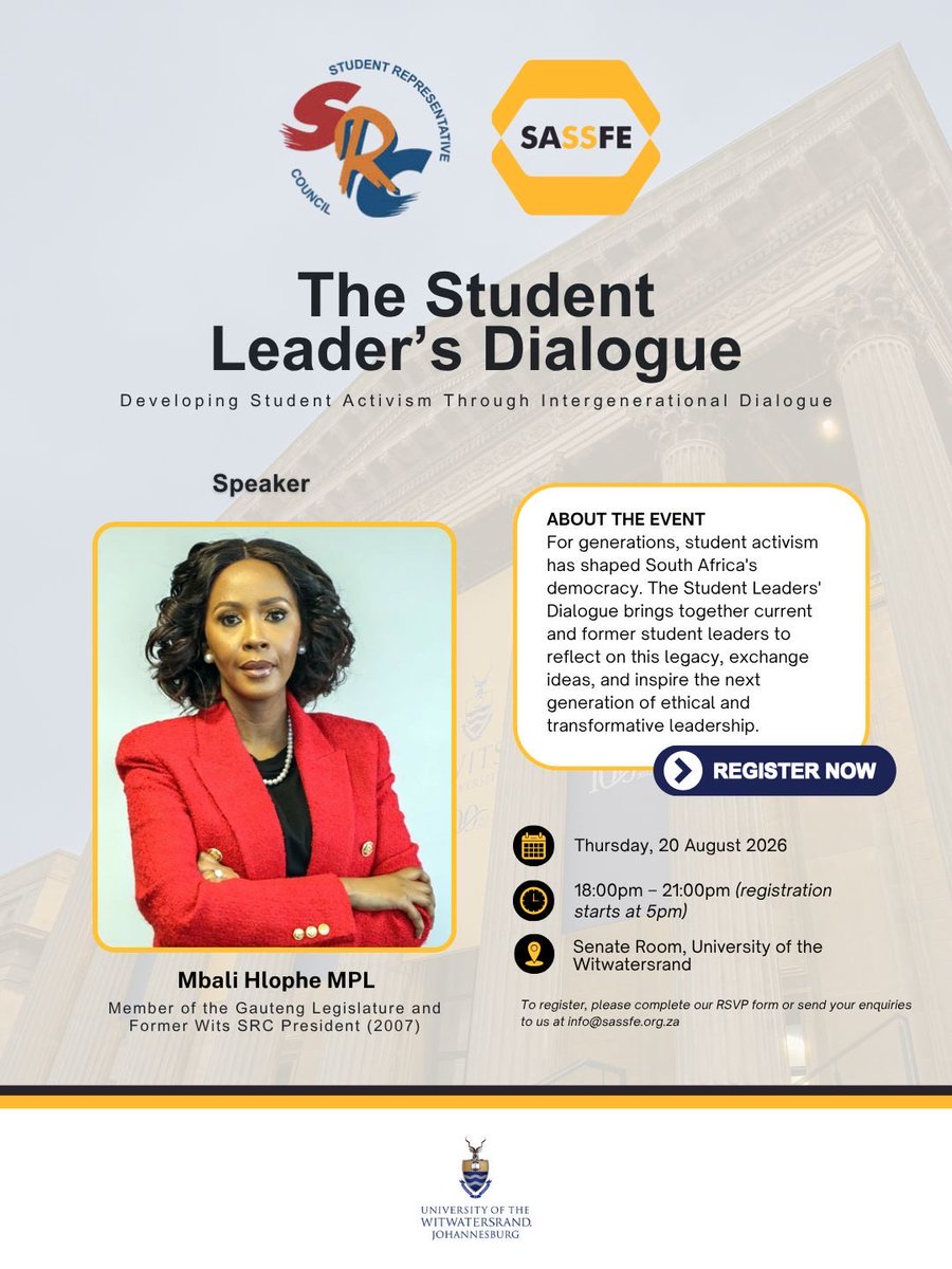 Wits_SRC's tweet photo. From the leaders who came before us to those shaping student leadership today, the conversation continues.

Meet our distinguished speakers for The Student Leaders’ Dialogue, an intergenerational space to exchange ideas and reimagine the future of student activism. https://t.co/r3hfDdFOME