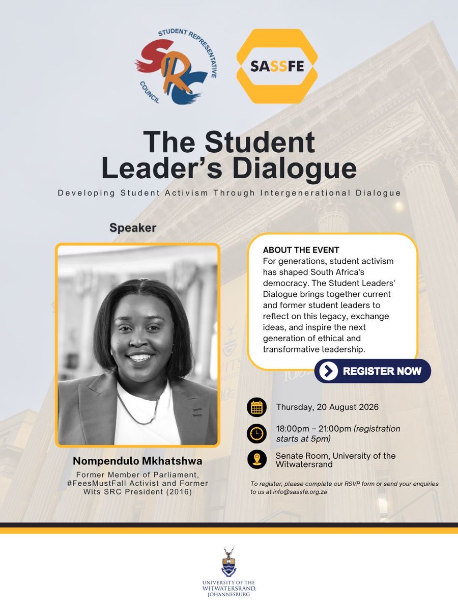 Wits_SRC's tweet photo. From the leaders who came before us to those shaping student leadership today, the conversation continues.

Meet our distinguished speakers for The Student Leaders’ Dialogue, an intergenerational space to exchange ideas and reimagine the future of student activism. https://t.co/r3hfDdFOME