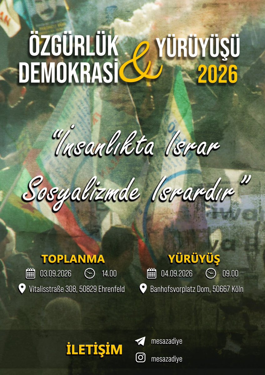 arjenmnks72's tweet photo. 📌Meşa Azadî û Demokrasî
Wekî ciwanên Kurdistanî,em ji bo welatekî azad û serokatiyeke azad dimeşin. Tu jî tevlî me bibe û piştgiriya xwe ji bo vê çalakiyê nişan bide.
Kombûn
🗓️03.09.2026 
⏱️14.00
🌍Vitalisstraße 308,Ehrenfeld
Meş
🗓️04.09.2026 
⏱️09.00
🌍Banhofsvorplatz Dom,Köln https://t.co/KaGeZCt9NB