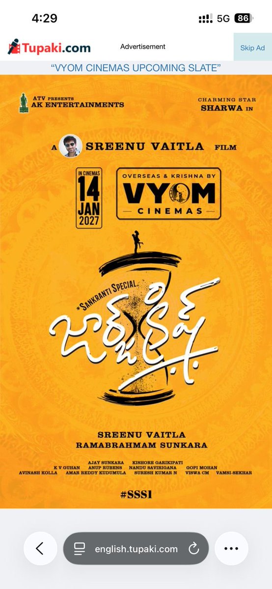 IndianClicks's tweet photo. Landing Page Ads of #VYOM Cinemas - George Krish Movie is on Popular Website @tupaki_official
#GeorgeKrish gears up for a GRAND WORLDWIDE RELEASE on JANUARY 14, 2027!🔥
“VYOM CINEMAS UPCOMING SLATE”
https://t.co/0WtqzPeQyf
Overseas: Overseas: @vyomcinemas / @cinemaparadiso
@ImSharwanand @SreenuVaitla @AnilSunkara1 @Kishore_atv @kvguhan @anuprubens @artkolla @amarreddy0827 @Gopimohan @NanduSavirigana #SSS1 #Sharwa39
@aj_Sunkara @AKentsofficial
PRO @UrsVamsiShekar