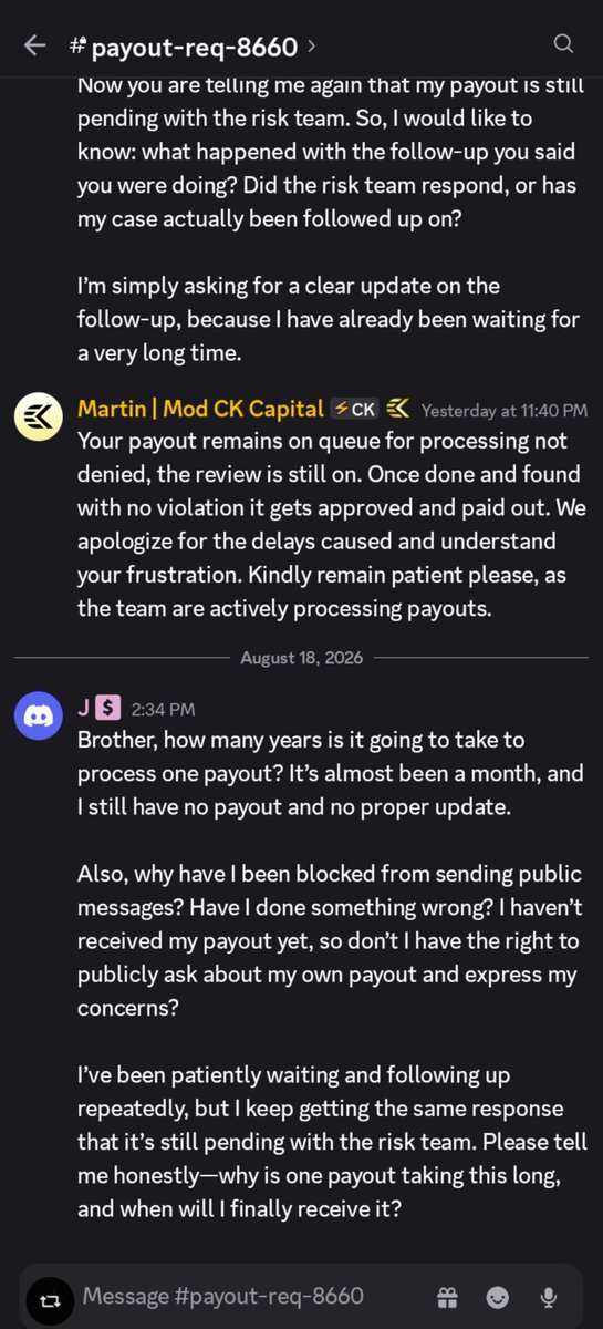 mjtrader_'s tweet photo. It's been 20 business day almost 1 month ckcapital didn't give me my payout they just said wait it's processin when ask about it on public they blocked me on public massage and delete my all chat now thel ignoring me didn't give me payout. https://t.co/ixWF92RUvd