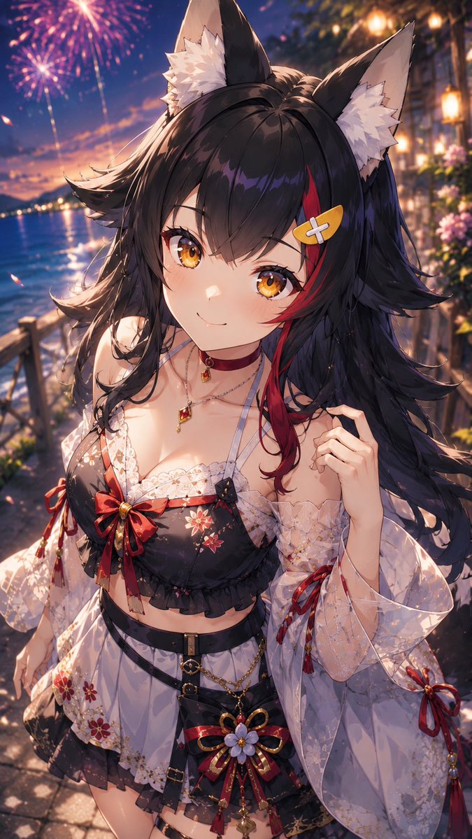 yousty_01's tweet photo. みんな今日もお疲れ様でした✨
このイラストは実験的に作ったランダムに背景と衣装をキャラクターに合わせて夏らしいものに変更するプロンプトの作品🤔
Fan Art: FUWAMOCO Tsunomaki Watame  Ookami Mio #AIイラスト https://t.co/acv9IxrbSN