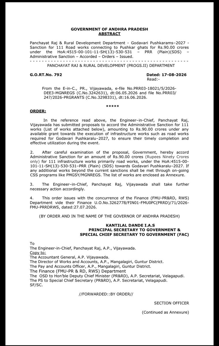 sreekanth324's tweet photo. గోదావరి పుష్కరాలు - 2027కు మౌలిక వసతుల బలోపేతానికి కీలక ముందడుగు !! 

గౌరవ ఉప ముఖ్యమంత్రి శ్రీ @PawanKalyan గారి నేతృత్వంలో పంచాయతీరాజ్ & గ్రామీణాభివృద్ధి శాఖ ఆధ్వర్యంలో 111 రహదారి పనులకు ₹90 కోట్ల పరిపాలనా అనుమతులు మంజూరు చేస్తూ ప్రభుత్వం ఉత్తర్వులు జారీ చేసింది.

పుష్కరాలకు వచ్చే భక్తులకు మెరుగైన రవాణా సౌకర్యాలు, గ్రామీణ ప్రాంతాలకు మెరుగైన రహదారి అనుసంధానం కల్పించే దిశగా ఈ నిర్ణయం కీలకం.

పుష్కరాల వైభవానికి సన్నద్ధత… గ్రామీణ అభివృద్ధికి కొత్త వేగం .

@mvrkteja !! @vbgramgap !! @mopr_goi