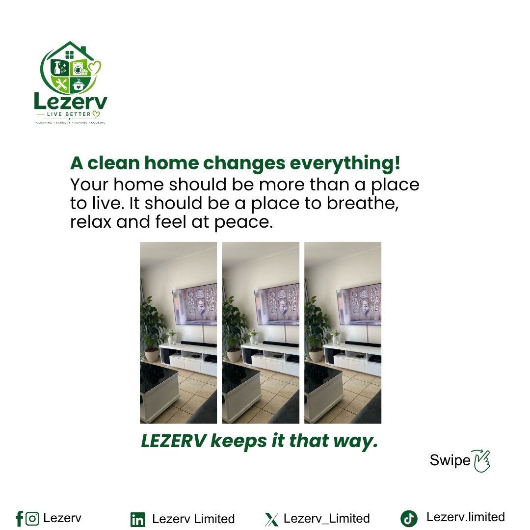 Lezerv_Limited's tweet photo. Keep your home clean and serene, and let Lezerv handle the chores so you can focus on what truly matters!
​#Lezerv #CleanHome #SereneSpace #HomeCleaning #OutsourceTheChores #HomeOrganization #PeaceOfMind #WorkSmarter #BBNaija https://t.co/Ox6kyt9FAB