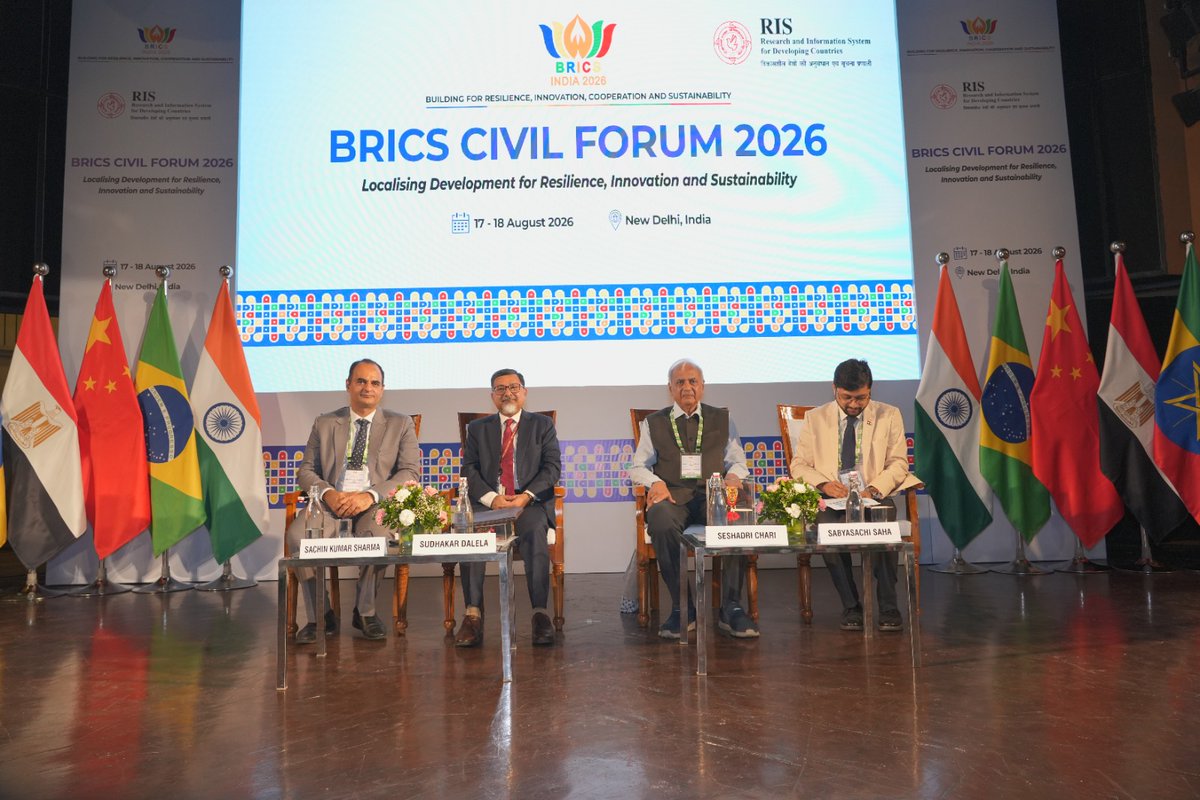 RIS_NewDelhi's tweet photo. 🌐 𝐁𝐑𝐈𝐂𝐒 𝐂𝐢𝐯𝐢𝐥 𝐅𝐨𝐫𝐮𝐦 2026 | 𝐈𝐧𝐚𝐮𝐠𝐮𝐫𝐚𝐥 𝐒𝐞𝐬𝐬𝐢𝐨𝐧

Dr. Seshadri Chari (@seshadrichari), Member, Governing Council, RIS, delivered the Chair’s remarks at the inaugural session of the BRICS Civil Forum 2026, held as part of India’s BRICS Chairship 2026.

Dr. Chari reflected on RIS’s journey since 1983 and its longstanding engagement with the concerns and development priorities of the Global South. He highlighted the important role of civil society in bringing perspectives and solutions from the grassroots to the development discourse. He expressed confidence that the Forum’s deliberations would foster meaningful dialogue, deepen collective understanding and contribute to development approaches rooted in local realities.

#BRICSCivilForum2026 #BRICSIndia2026 #Resilience #Innovation #Sustainability #RIS

@MEAIndia | @BricsIndia2026 | @SudhakarDalela | @shambhuhakki | @aparnaray_ifs | @SKSharma_World