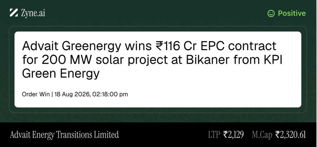 Zyne_stocks's tweet photo. Advait Greenergy Private Limited

A subsidiary of Advait Energy Transitions, secured a ₹116 crore turnkey EPC contract for a 200 MW solar ground-mounted HSAT 33 KV project at Bikaner, Rajasthan from KPI Green Energy Limited. The contract includes design, supplies, services, testing, and commissioning, with a 12-month execution timeline. This contract is awarded by a domestic entity and is part of the normal course of business.