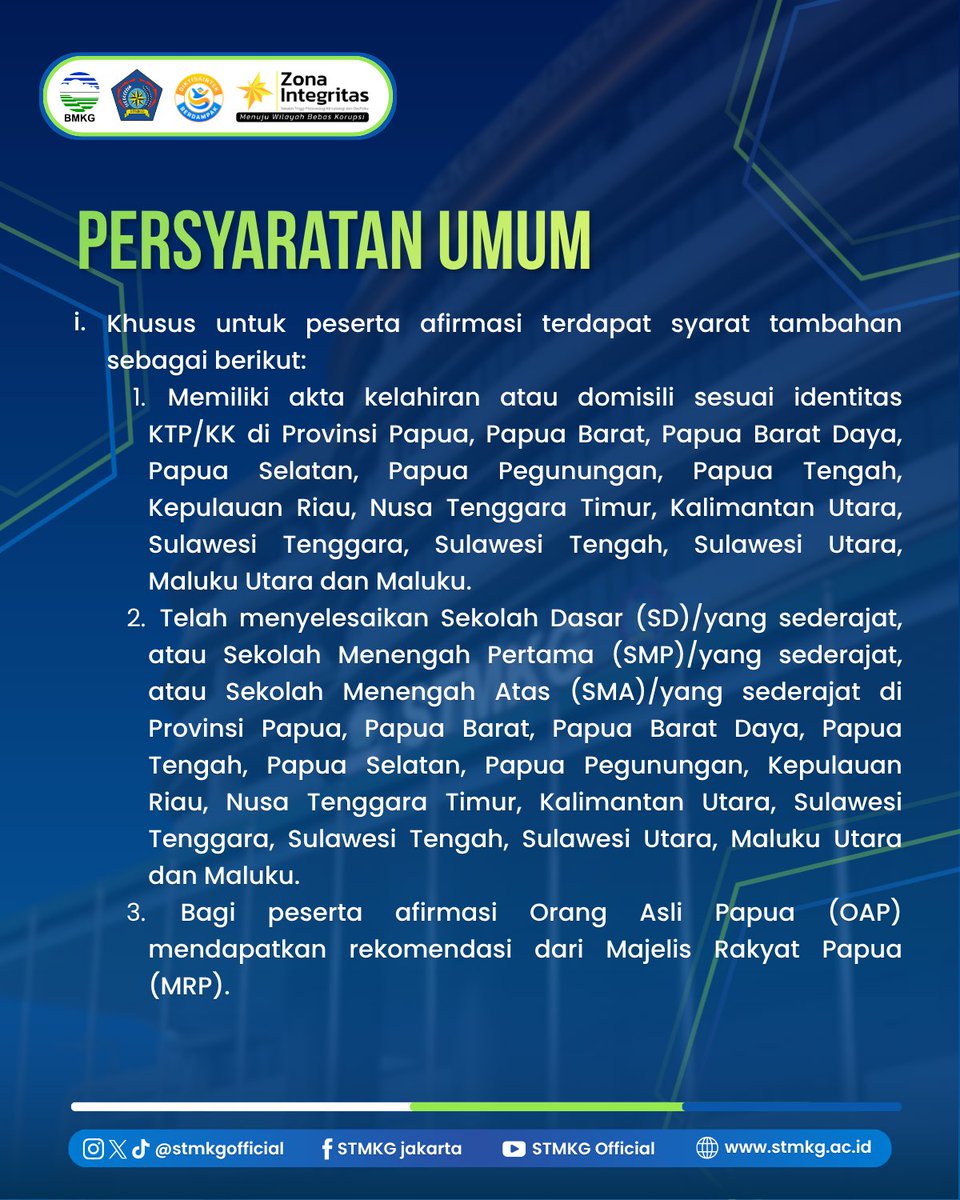 Pavlichenka's tweet photo. Halo #PejuangSTMKG! 👋🏻

Pastikan kamu sudah memenuhi persyaratan umum dan akademik, simak persyaratannya pada slide di atas.

📌 PENDAFTARAN: 18 - 30 AGUSTUS 2026 

Persiapkan diri kamu untuk menjadi bagian dari STMKG! ✨💪🏻

#BMKG #STMKG #PTBSTMKG2026 #CalonTarunaSTMKG https://t.co/Xyl9Cz7w9q